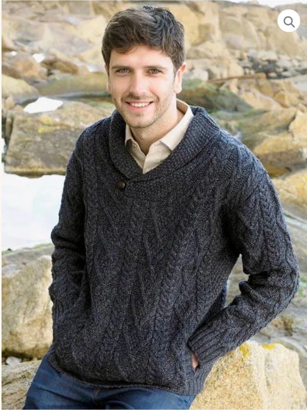 Aran Crafts Navy Shawl Collar Cable Knit Sweater